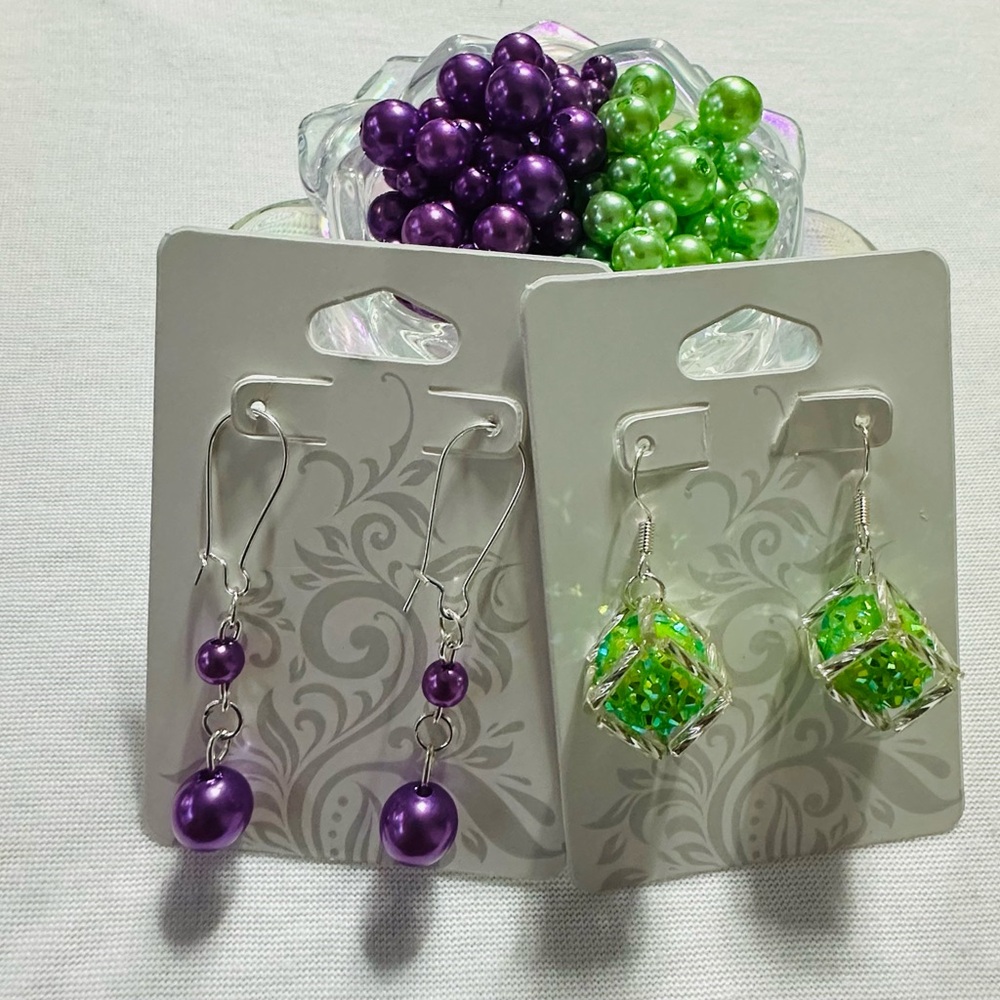 Elegant Purple and Green Beaded Earrings Set